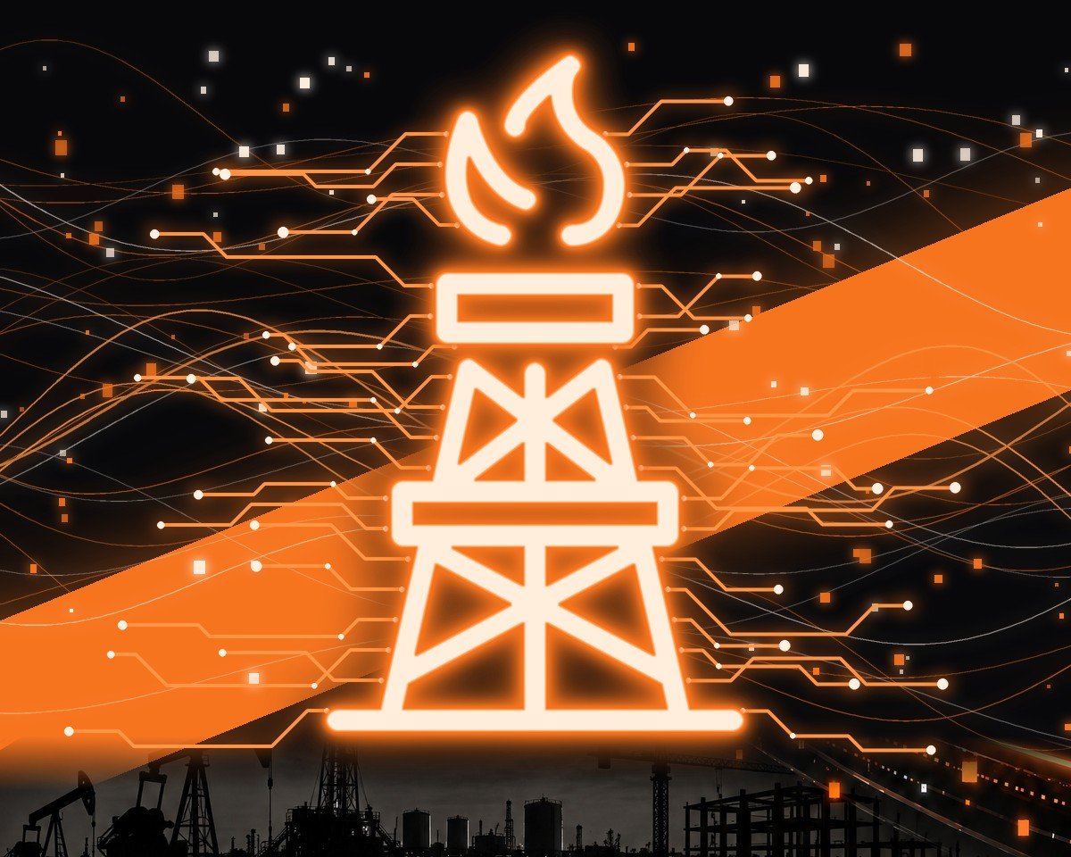 Glowing LeShay derrick logo with orange circuit traces over an oilfield skyline