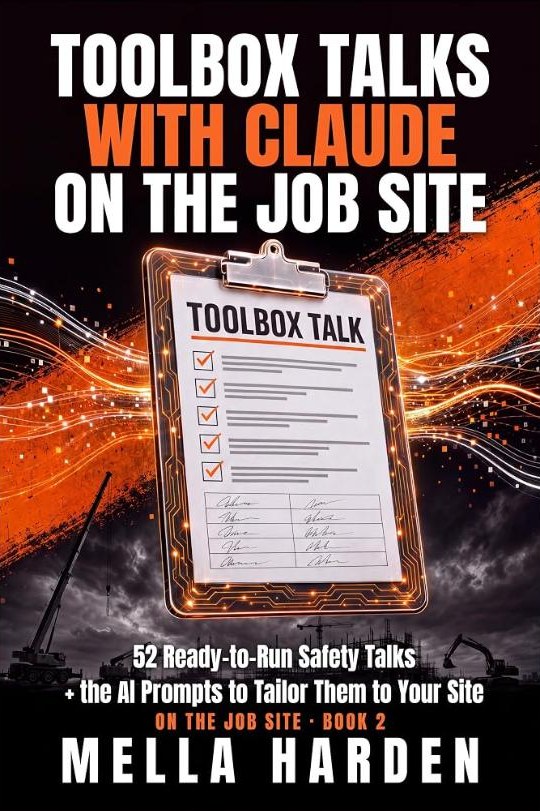 Book cover: Toolbox Talks with Claude on the Job Site — 52 Ready-to-Run Safety Talks plus the AI Prompts to Tailor Them to Your Site, by Mella Harden
